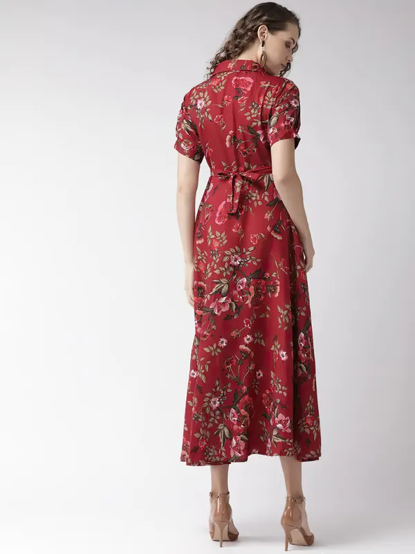 Maroon_&_Olive_Green_Floral_Print_Shirt_Collar,Puff_Sleeves_Maxi_Dress